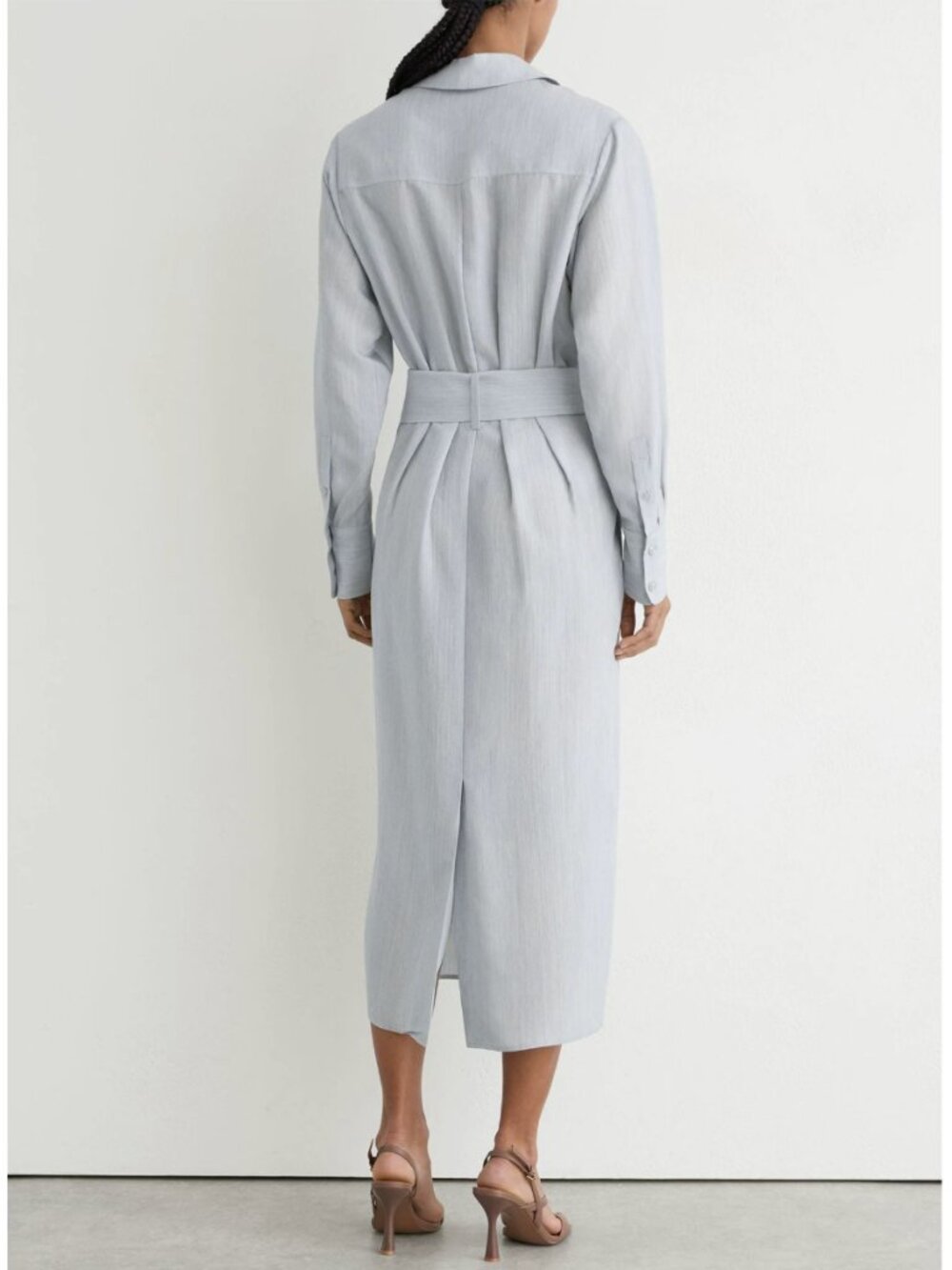 REISS Gianna Shirt Midi Dress Light Blue Modal-Blend Tie-Waist Quiet Lux - Picture 2 of 6
